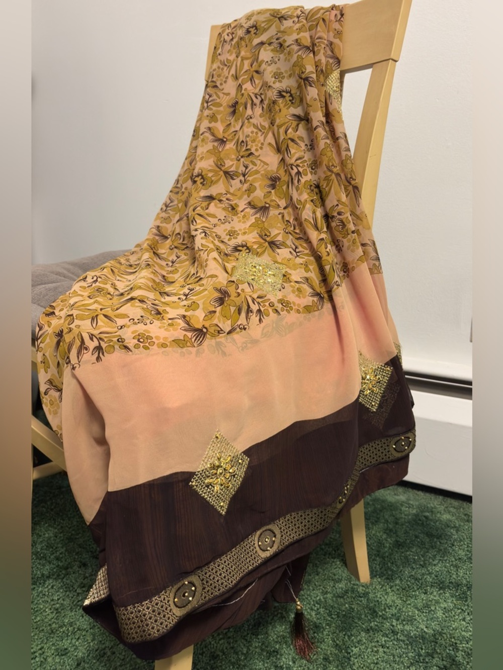 Embroidered Floral Sari in light green (looks peach in the photos) Gold & Brown